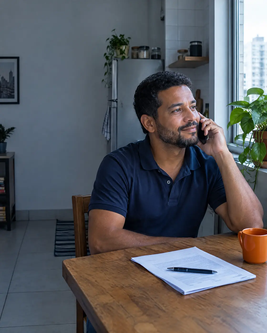 Homem sentado à mesa da cozinha fala ao telefone com um contrato impresso na frente dele.