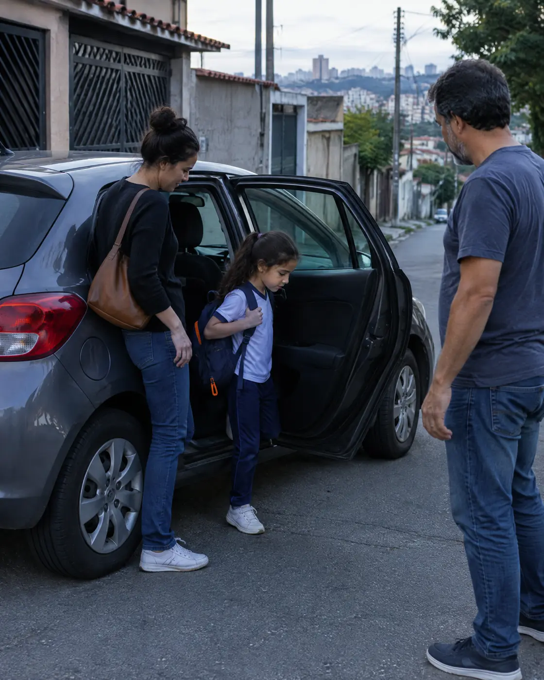 Família chega em casa de carro: a mãe ajuda a filha a descer enquanto o pai espera na calçada.